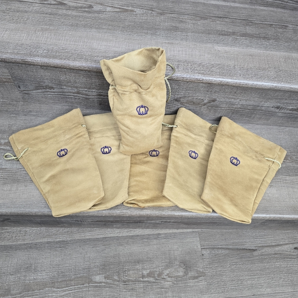 Crown Royale 6 suede bags with gold draw string and logo